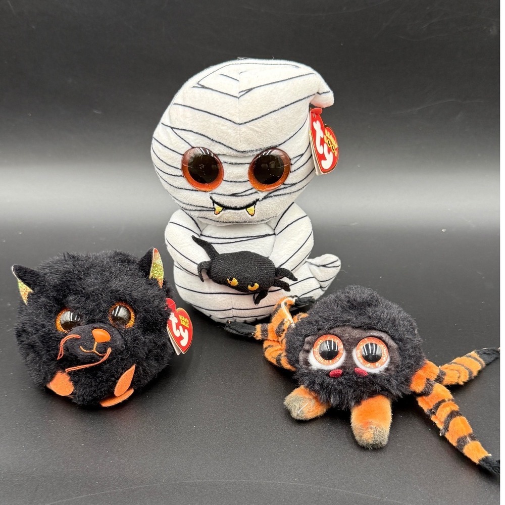 Ty Beanie Boos Halloween Plush Lot Mask Mummy Shadow Cat Hairy Spider 3pc Set
